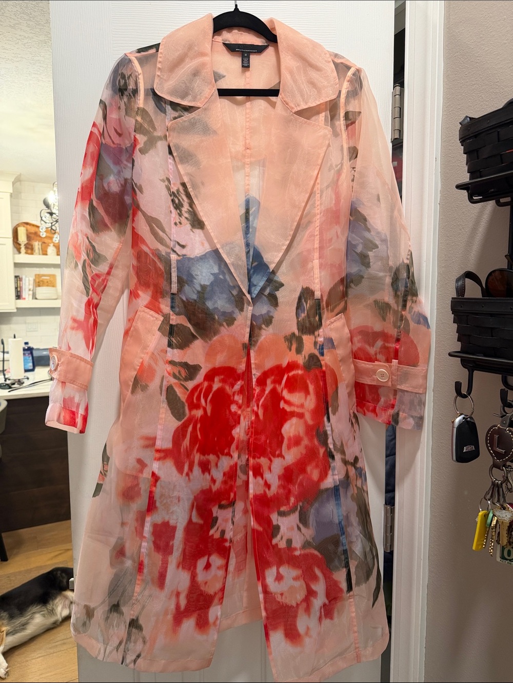 White House Black Market Sheer Pink Trench Dress with floral design. Like New M